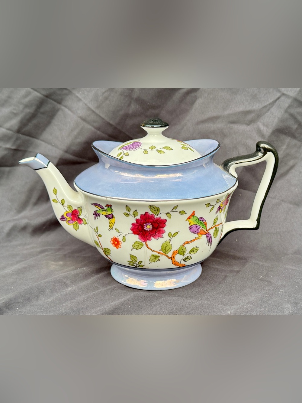 Noritake Floral and Bird Porcelain Teapot in Light Blue, White, Red and Green